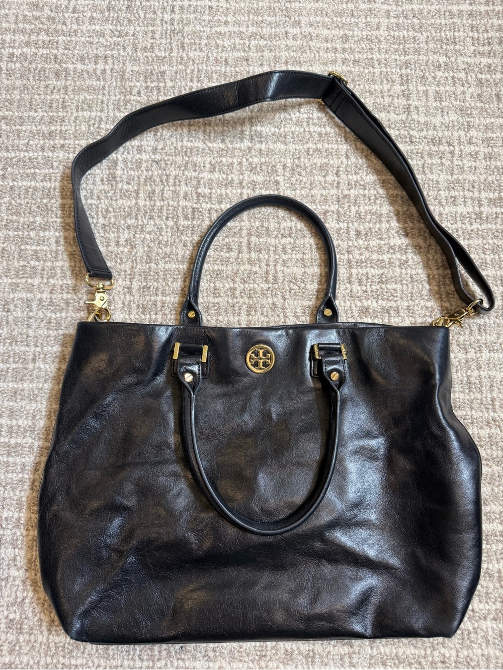 Tory Burch Black Leather Tote with Gold Logo and Strap